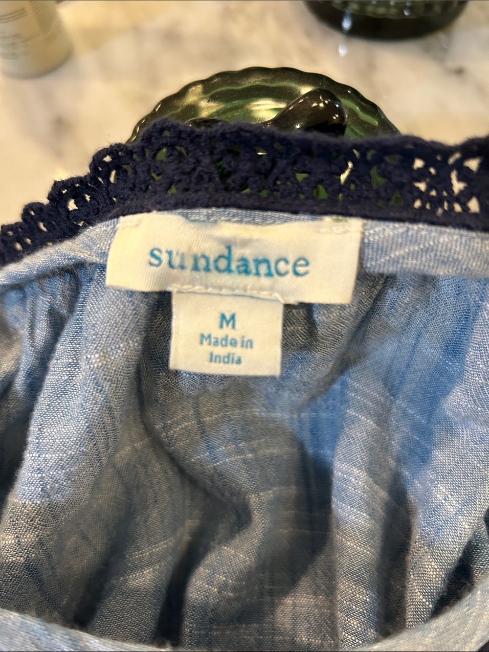 Sundance Light Blue Sleep Top with Navy Crochet Trim